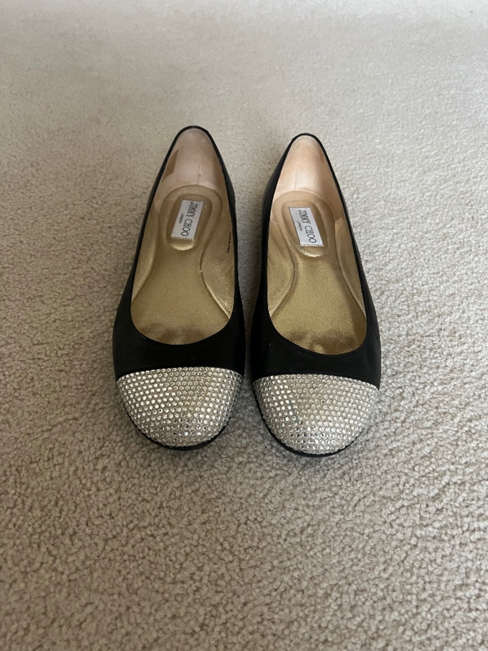 Jimmy Choo Black Leather Crystal Cap Toe Ballet Flats Gold Logo Size 37 1/2